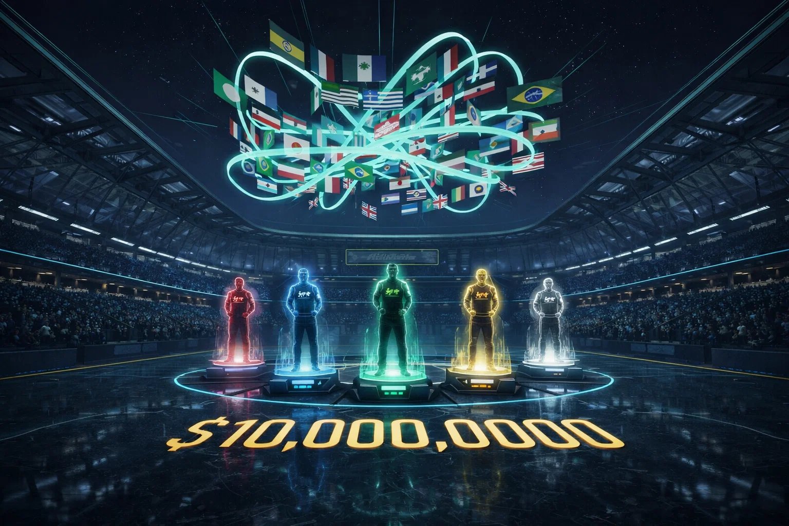 Aethelgard — holographic players compete in the Eternal Arena